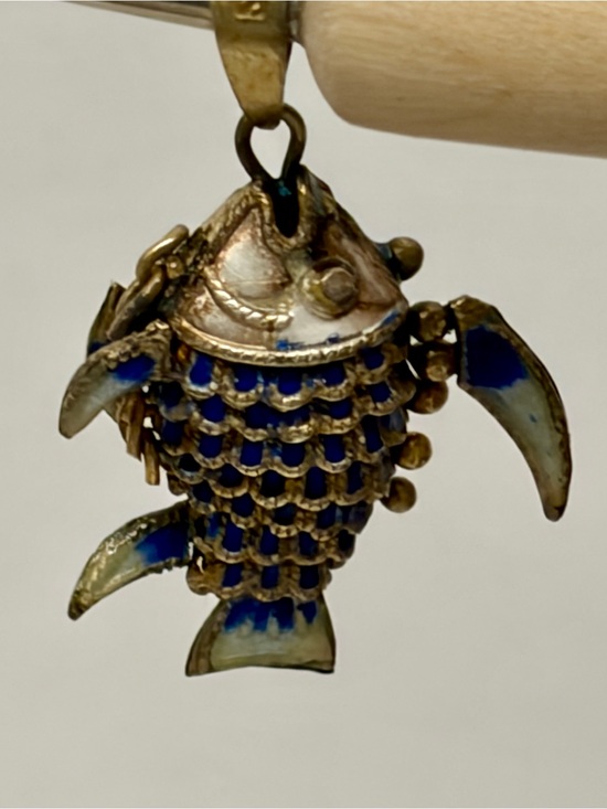 Jewelry - Vintage Chinese Articulated Fish Pendant Gilt Silver - Blue & White Enamel